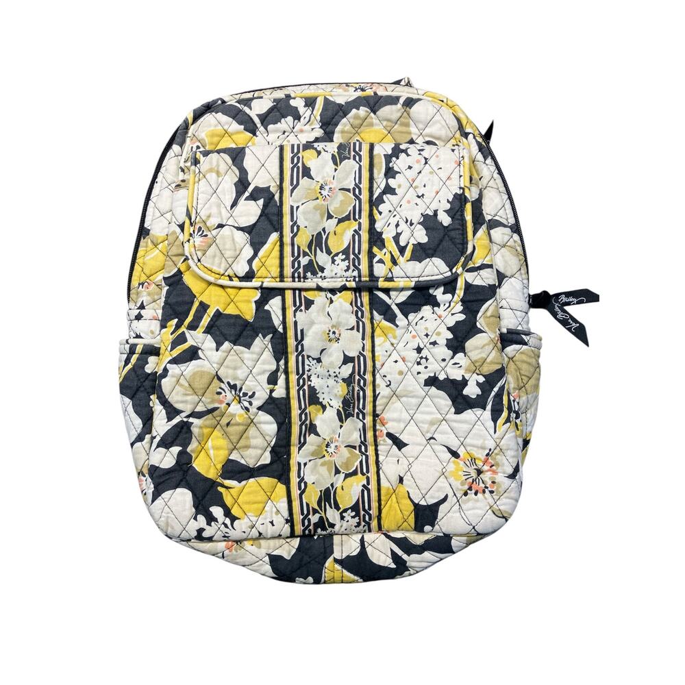 Vera Bradley Quilted Backpack Yellow Gray Floral Print Laptop School Bag 15x11